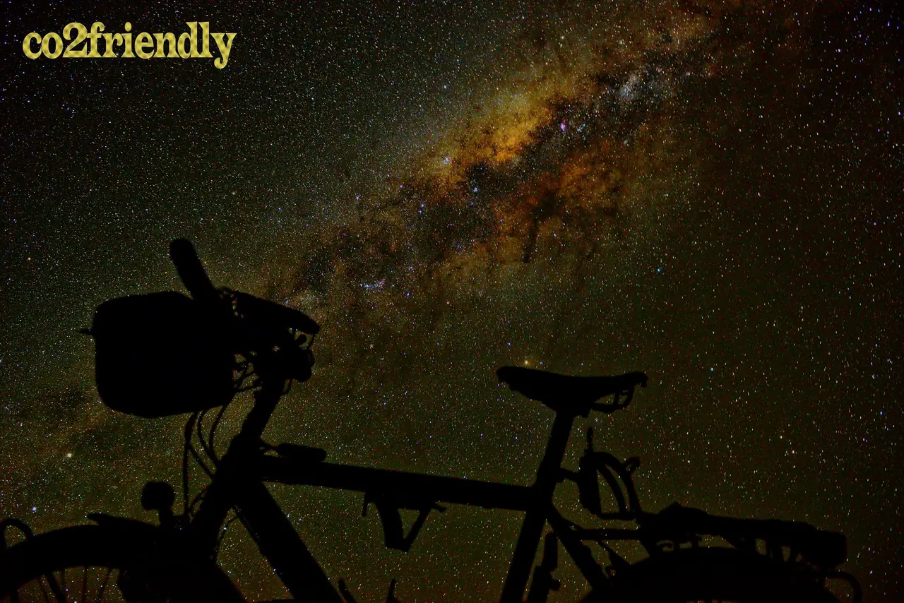 Touring bike silhouetted under the Milky Way