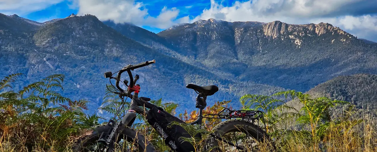 Fat bike in the foreground with rugged blue mountains behind