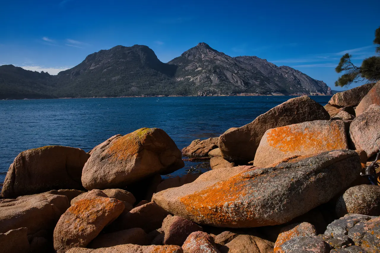 Orange lichen boulders in front of the Hazards at Freycinet