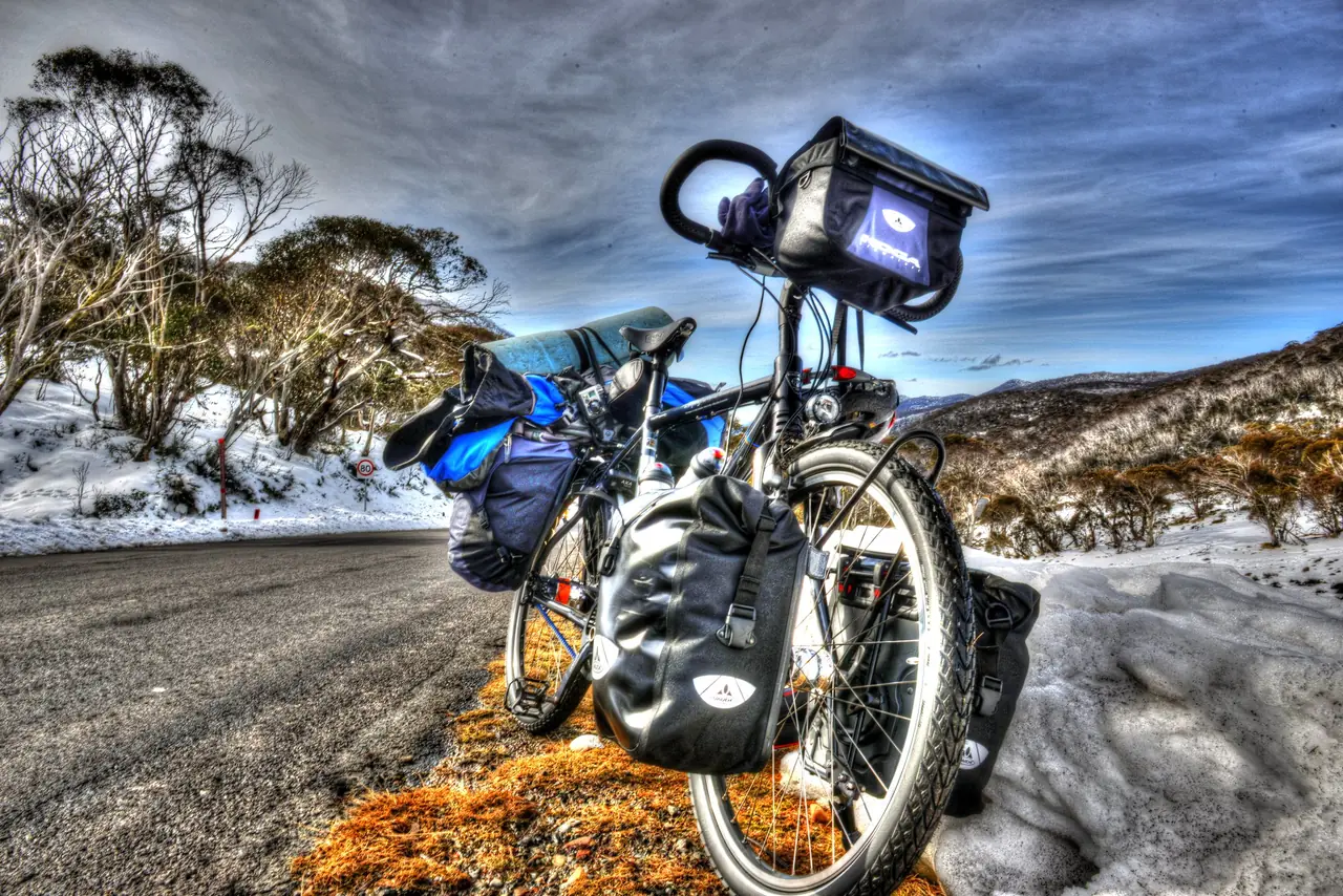 Touring bike at Dead Horse Gap in the Snowy Mountains